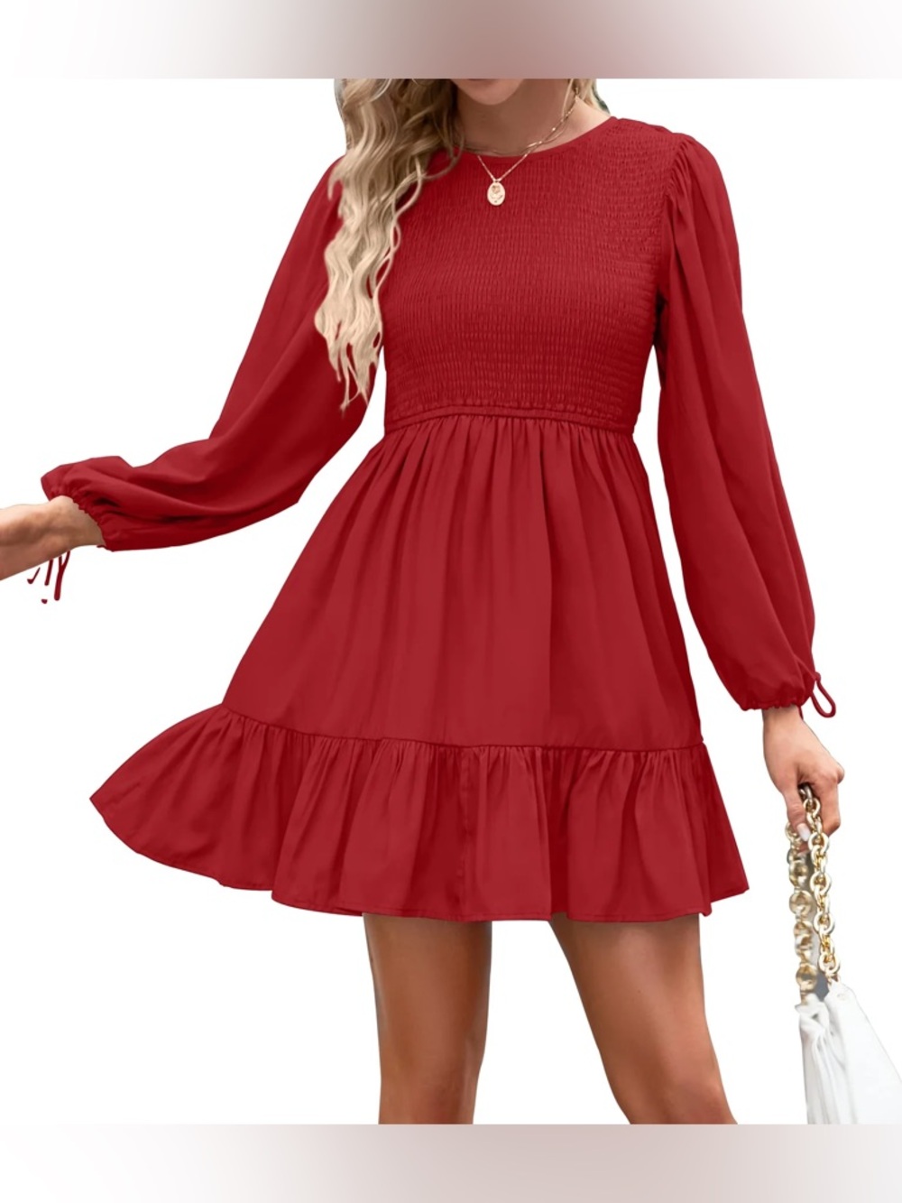 Red Smocked Bodice Long-Sleeve Mini Dress nwt size large